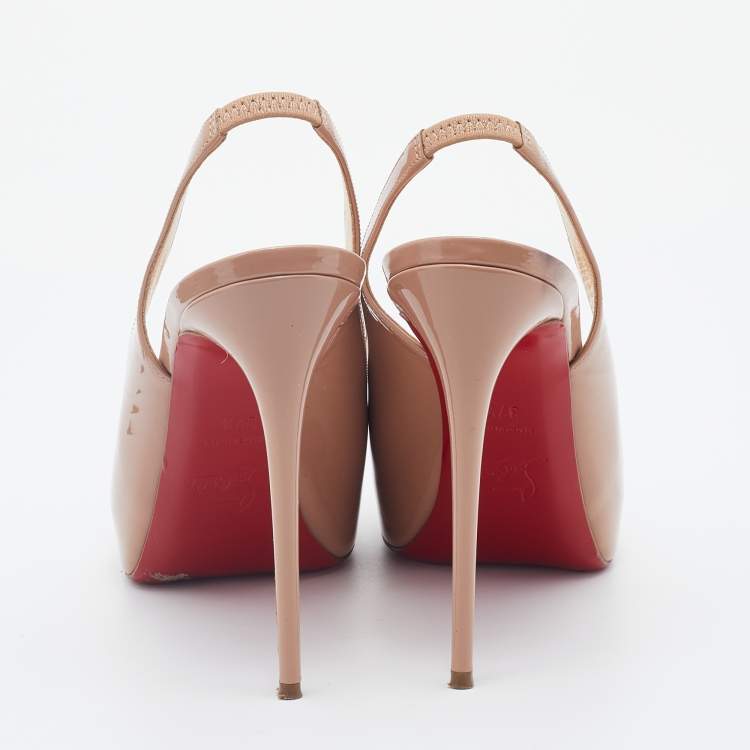 Pre Owned Christian Louboutin Beige Patent Leather Private Number Slingback Pumps Size 37.5