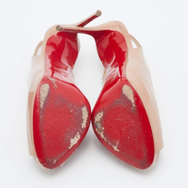 Pre Owned Christian Louboutin Beige Patent Leather Private Number Slingback Pumps Size 37.5