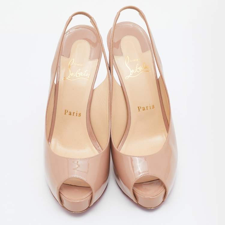 Pre Owned Christian Louboutin Beige Patent Leather Private Number Slingback Pumps Size 37.5