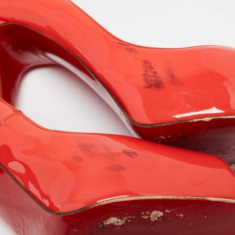 Pre Owned Christian Louboutin Coral Red Patent Leather Very Prive Peep-Toe Pumps Size 41