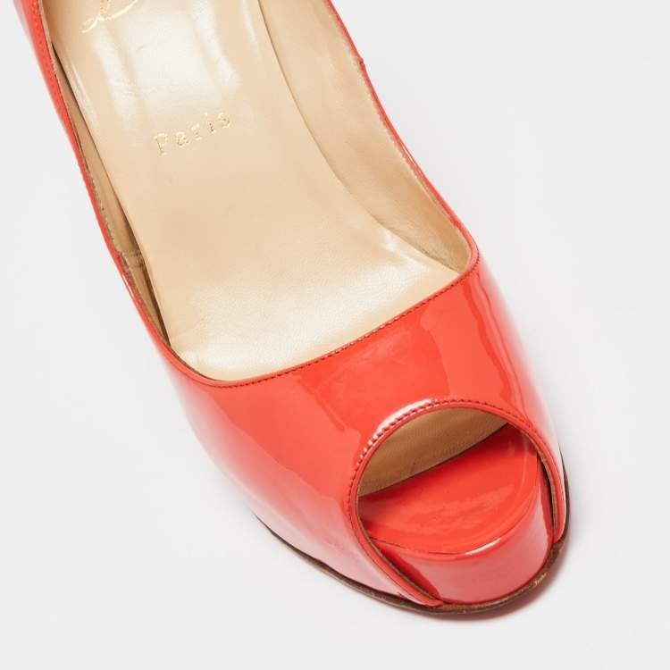 Pre Owned Christian Louboutin Coral Red Patent Leather Very Prive Peep-Toe Pumps Size 41