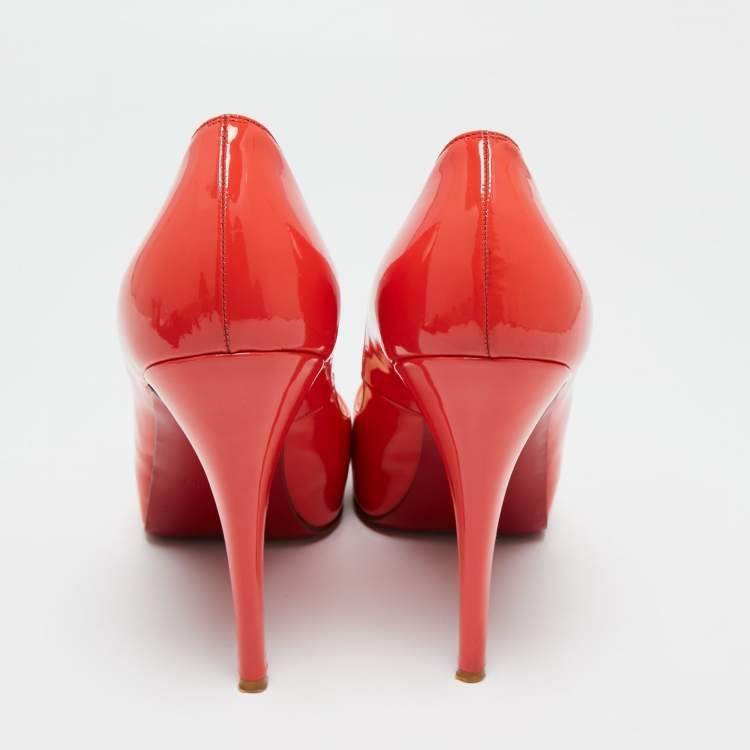 Pre Owned Christian Louboutin Coral Red Patent Leather Very Prive Peep-Toe Pumps Size 41