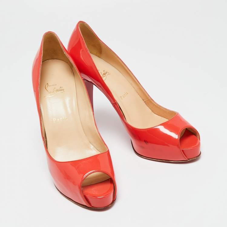 Pre Owned Christian Louboutin Coral Red Patent Leather Very Prive Peep-Toe Pumps Size 41