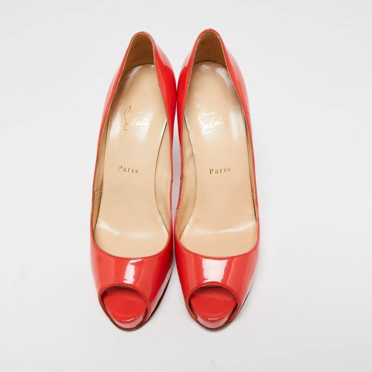 Pre Owned Christian Louboutin Coral Red Patent Leather Very Prive Peep-Toe Pumps Size 41