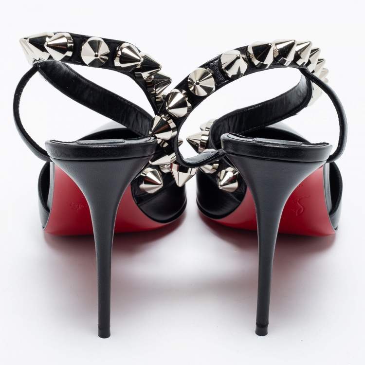 مملوكة مسبقًا Christian Louboutin Black Leather Spikita Slingback Pumps Size 39