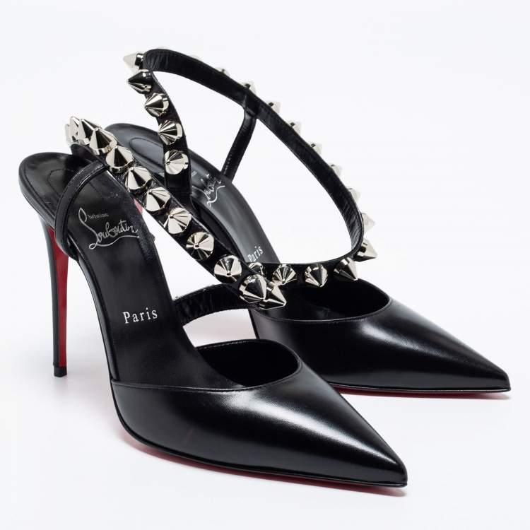 مملوكة مسبقًا Christian Louboutin Black Leather Spikita Slingback Pumps Size 39
