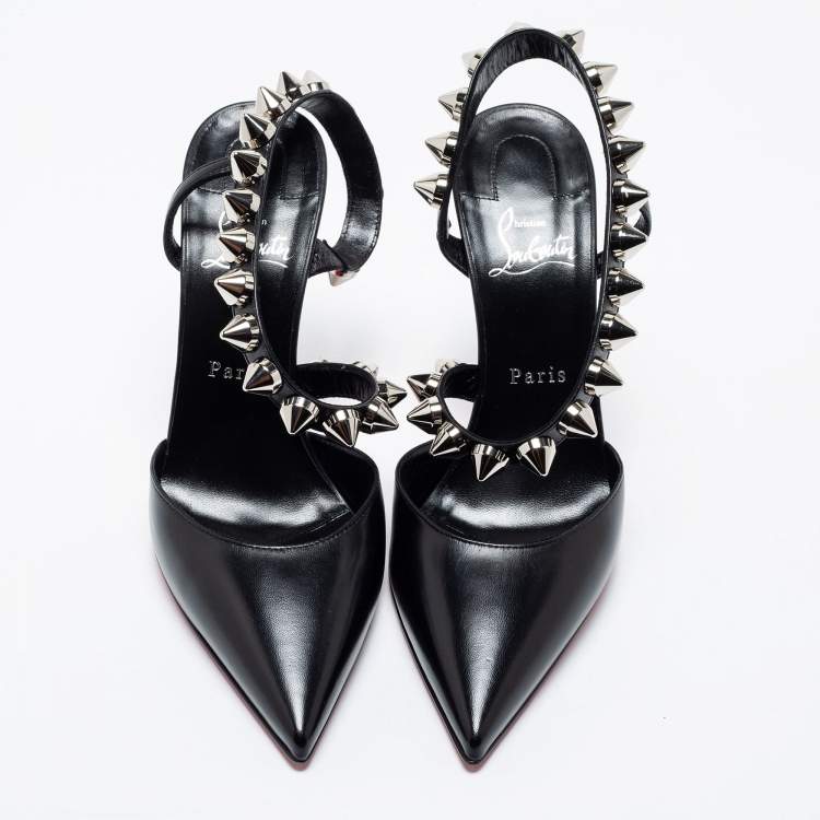مملوكة مسبقًا Christian Louboutin Black Leather Spikita Slingback Pumps Size 39