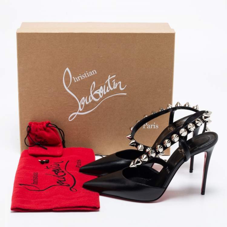 مملوكة مسبقًا Christian Louboutin Black Leather Spikita Slingback Pumps Size 39
