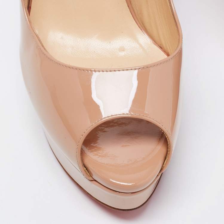 Pre Owned Christian Louboutin Beige Patent Leather Lady Peep Slingback Sandals Size 40