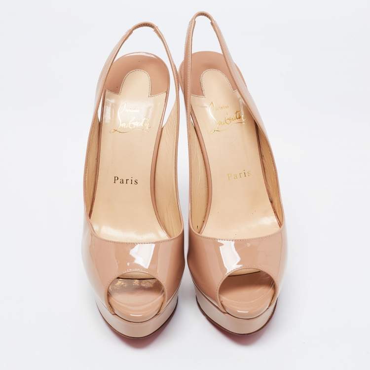 Pre Owned Christian Louboutin Beige Patent Leather Lady Peep Slingback Sandals Size 40
