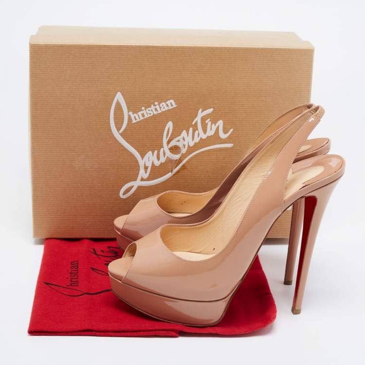 Pre Owned Christian Louboutin Beige Patent Leather Lady Peep Slingback Sandals Size 40