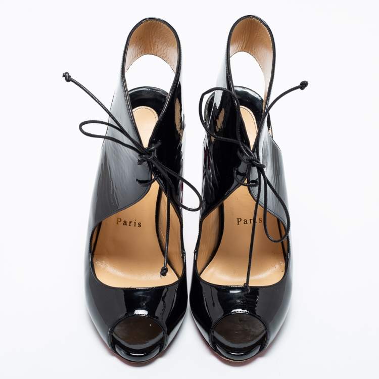 Pre Owned Christian Louboutin Black Patent Leather Allegra Peep-Toe Sandals Size 38.5