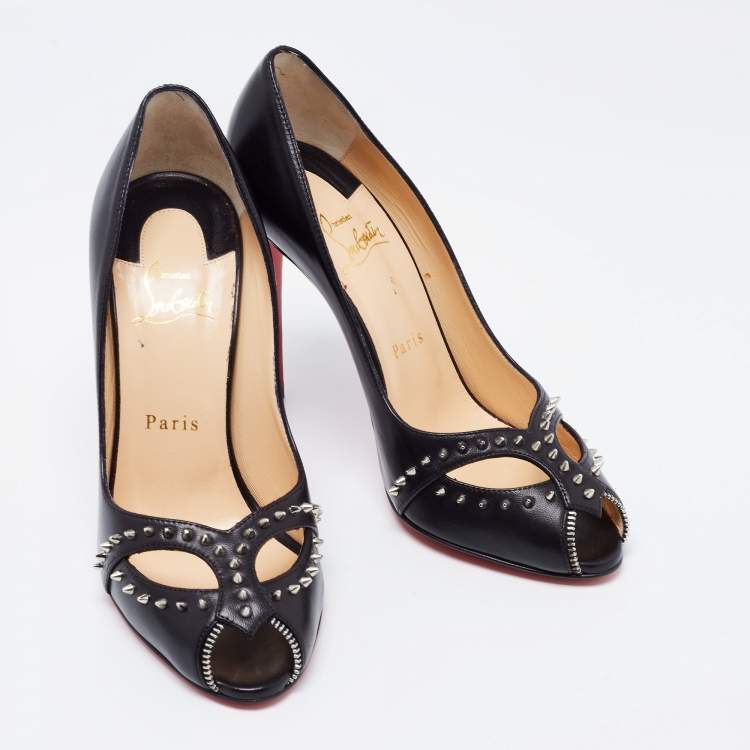 Pre Owned Christian Louboutin Black Leather Cagouletta Peep-Toe Pumps Size 38