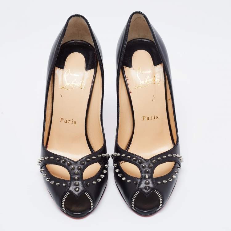 Pre Owned Christian Louboutin Black Leather Cagouletta Peep-Toe Pumps Size 38