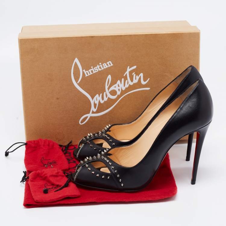 Pre Owned Christian Louboutin Black Leather Cagouletta Peep-Toe Pumps Size 38