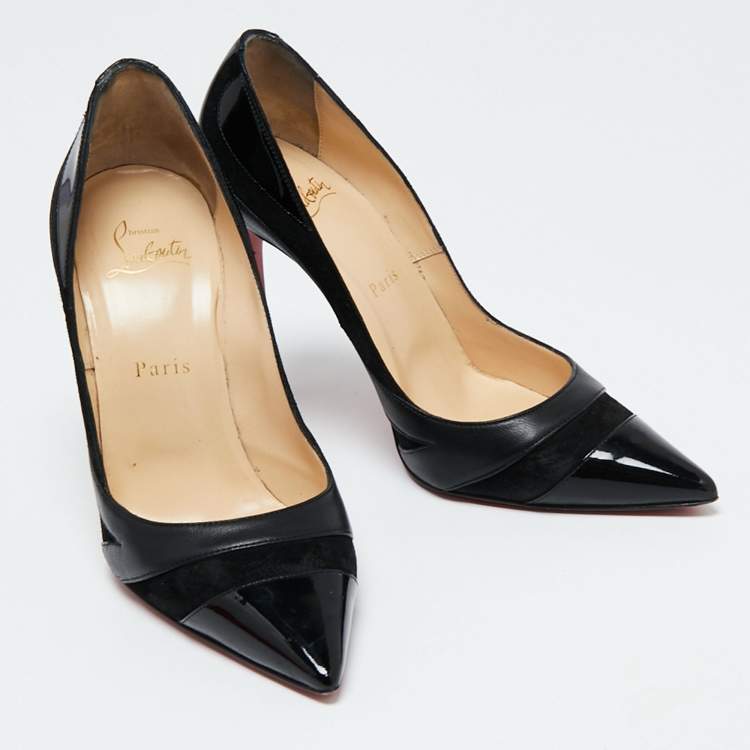 Pre Owned Christian Louboutin Black Suede, Patent and Leather Pointed-Toe Pumps Size 37.5