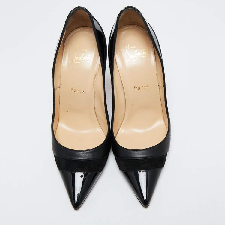 Pre Owned Christian Louboutin Black Suede, Patent and Leather Pointed-Toe Pumps Size 37.5