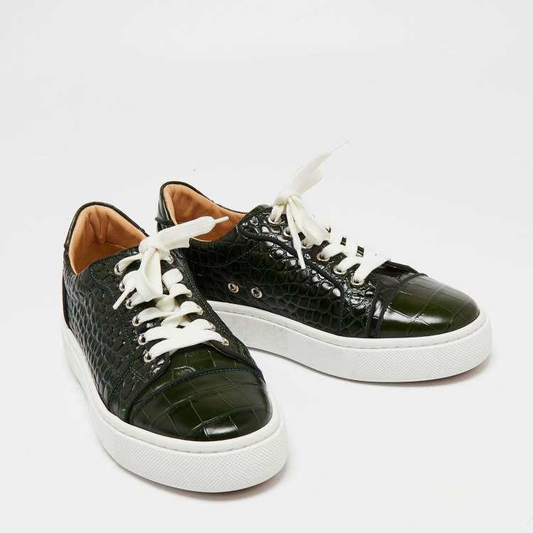 Pre Owned Christian Louboutin Green Croc-Embossed Leather Lace Up Sneakers Size 39