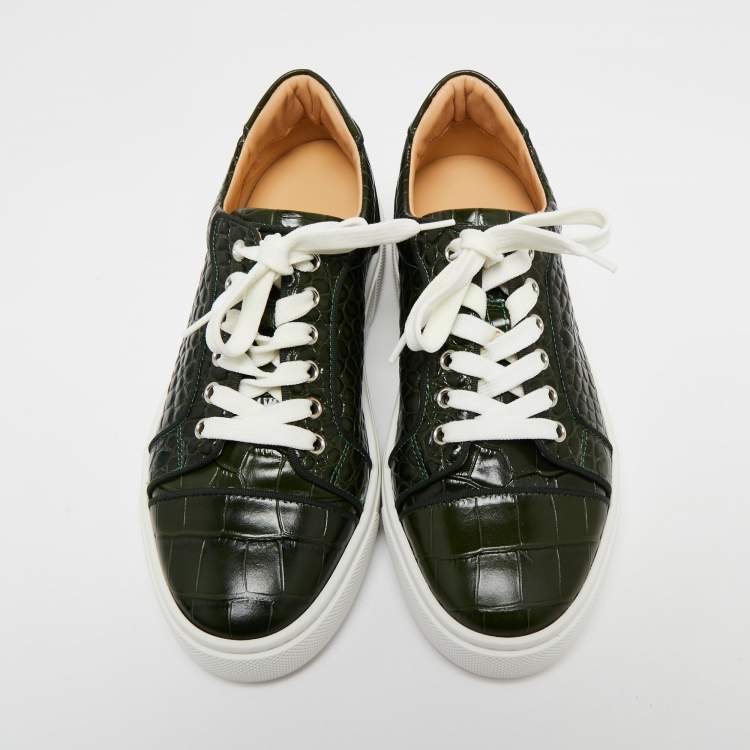 Pre Owned Christian Louboutin Green Croc-Embossed Leather Lace Up Sneakers Size 39
