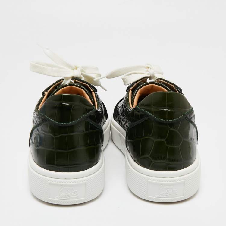 Pre Owned Christian Louboutin Green Croc-Embossed Leather Lace Up Sneakers Size 39
