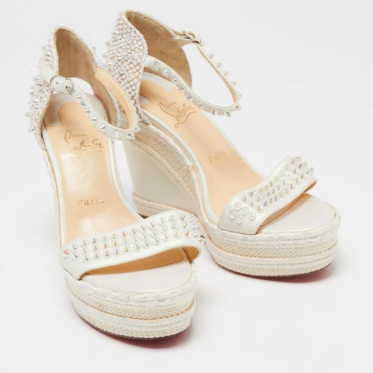 Pre Owned Christian Louboutin Ivory Leather and Woven Fabric Madmonica Spiked Espadrille Wedge Sandals Size 38