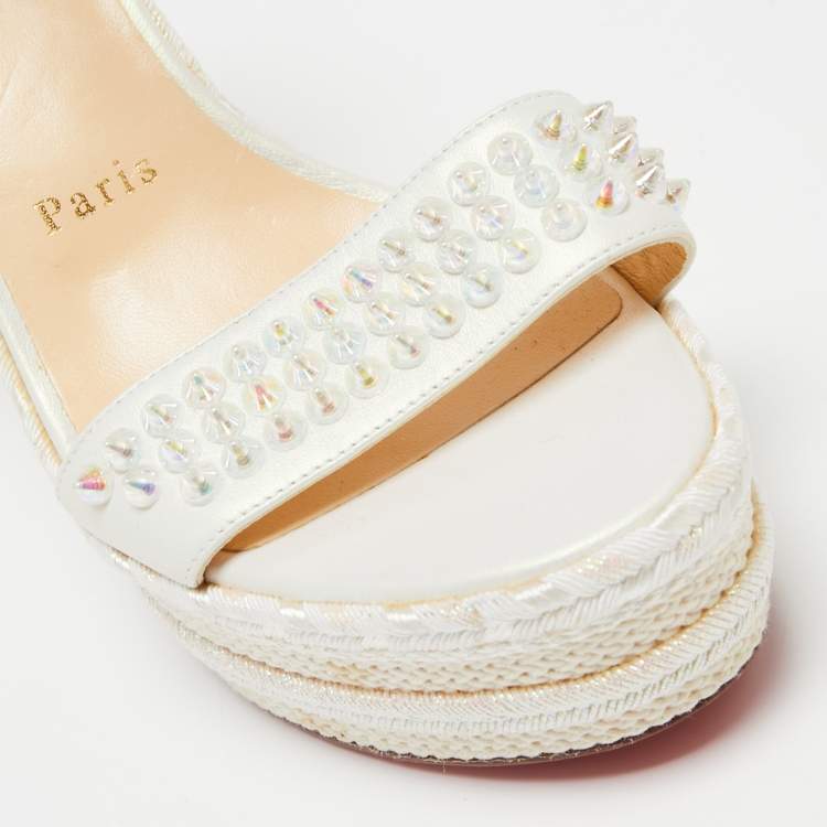 Pre Owned Christian Louboutin Ivory Leather and Woven Fabric Madmonica Spiked Espadrille Wedge Sandals Size 38