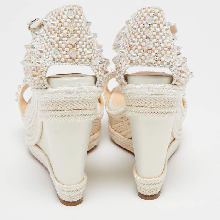 Pre Owned Christian Louboutin Ivory Leather and Woven Fabric Madmonica Spiked Espadrille Wedge Sandals Size 38