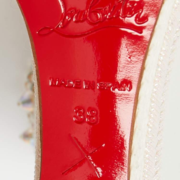 Pre Owned Christian Louboutin Ivory Leather and Woven Fabric Madmonica Spiked Espadrille Wedge Sandals Size 38