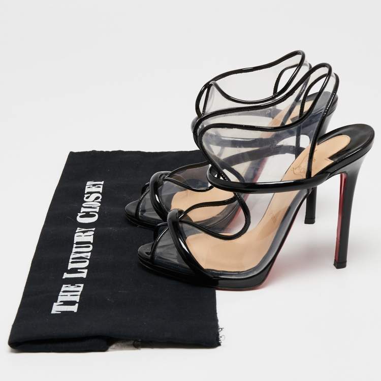 Pre Owned Christian Louboutin Black Patent Leather and PVC Aqua Ronda Slingback Sandals Size 36.5