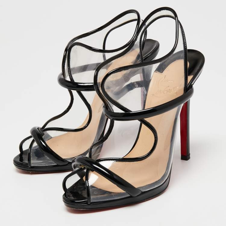 Pre Owned Christian Louboutin Black Patent Leather and PVC Aqua Ronda Slingback Sandals Size 36.5