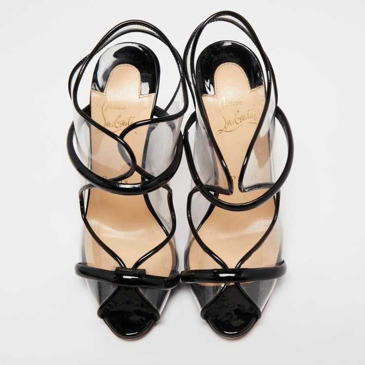 Pre Owned Christian Louboutin Black Patent Leather and PVC Aqua Ronda Slingback Sandals Size 36.5