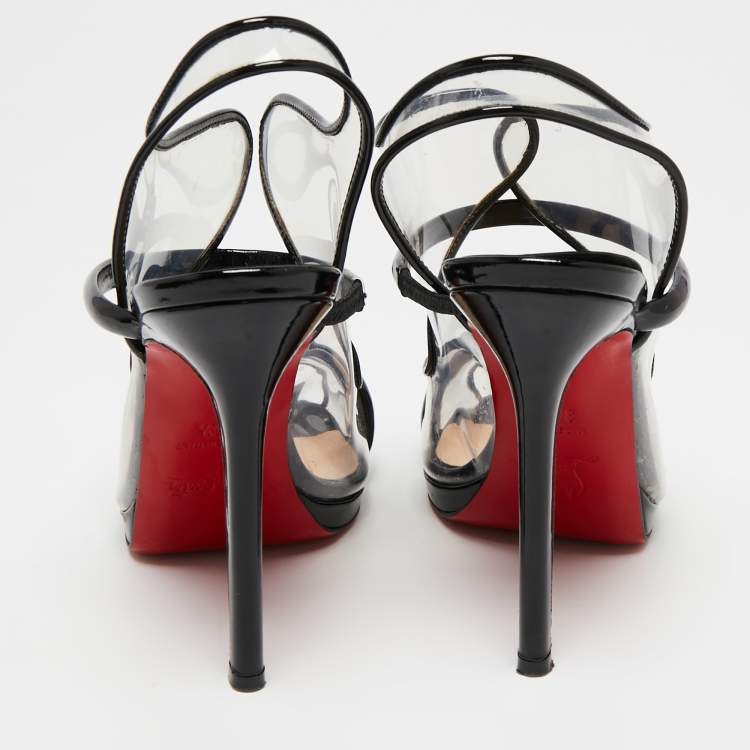 Pre Owned Christian Louboutin Black Patent Leather and PVC Aqua Ronda Slingback Sandals Size 36.5