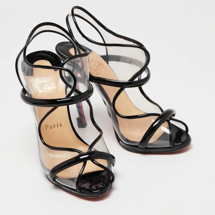 Pre Owned Christian Louboutin Black Patent Leather and PVC Aqua Ronda Slingback Sandals Size 36.5