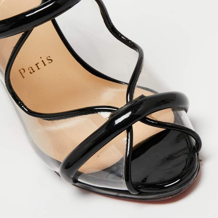 Pre Owned Christian Louboutin Black Patent Leather and PVC Aqua Ronda Slingback Sandals Size 36.5