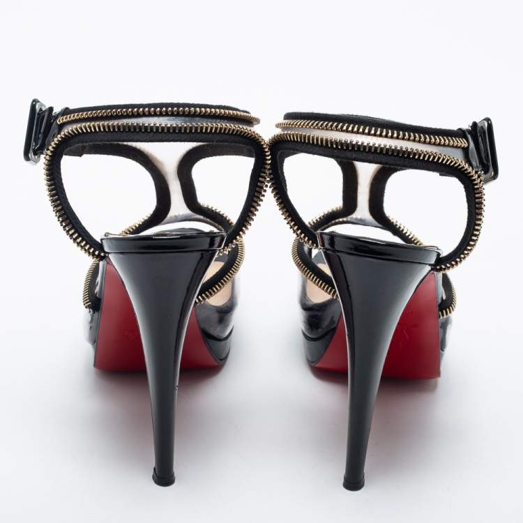 Pre Owned Christian Louboutin Black Fabric Trim and PVC Ziparent T-Strap Platform Sandals Size 37