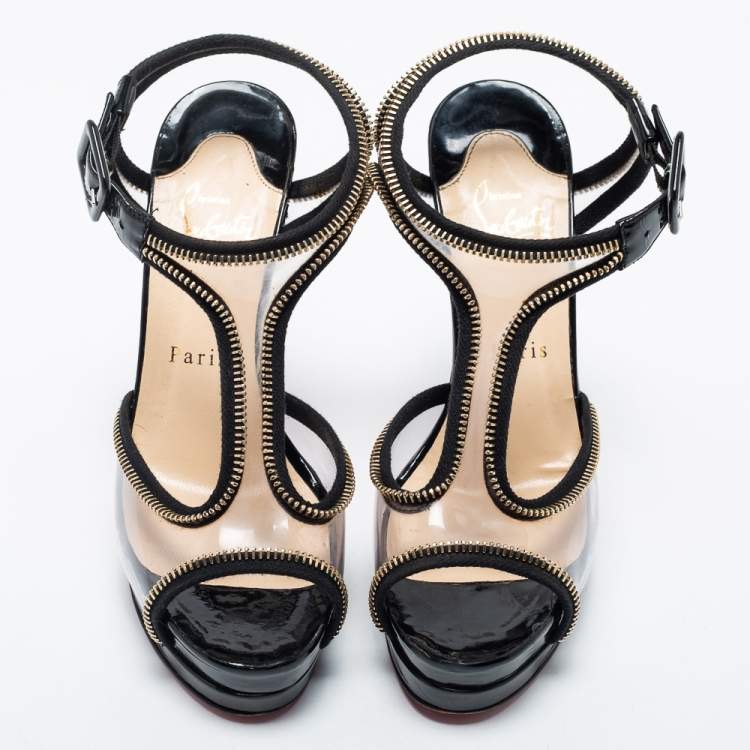 Pre Owned Christian Louboutin Black Fabric Trim and PVC Ziparent T-Strap Platform Sandals Size 37