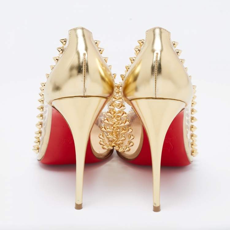 Pre Owned Christian Louboutin Gold Leather and PVC Spike Me Pigalle Pumps Size 37