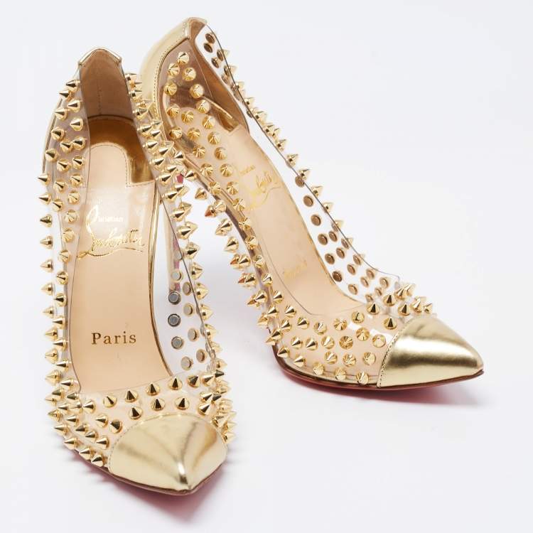 Pre Owned Christian Louboutin Gold Leather and PVC Spike Me Pigalle Pumps Size 37
