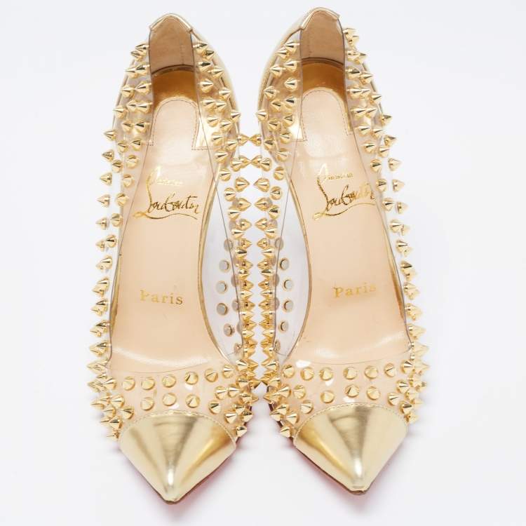 Pre Owned Christian Louboutin Gold Leather and PVC Spike Me Pigalle Pumps Size 37