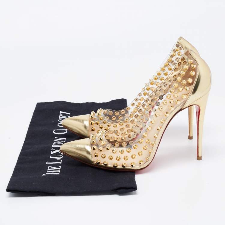 Pre Owned Christian Louboutin Gold Leather and PVC Spike Me Pigalle Pumps Size 37