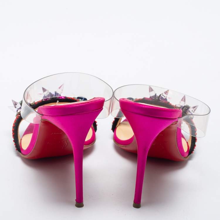 Pre Owned Christian Louboutin Multicolor Satin and PVC Speleola Slide Sandals Size 37.5