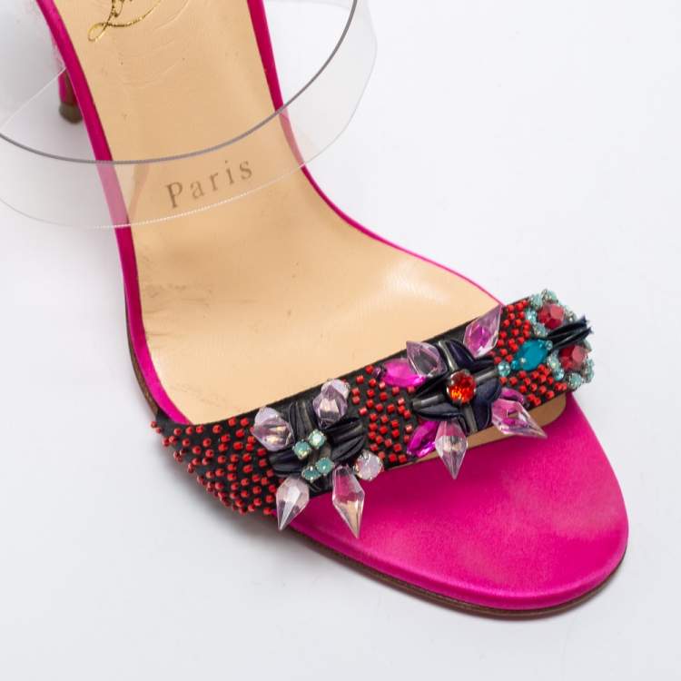 Pre Owned Christian Louboutin Multicolor Satin and PVC Speleola Slide Sandals Size 37.5