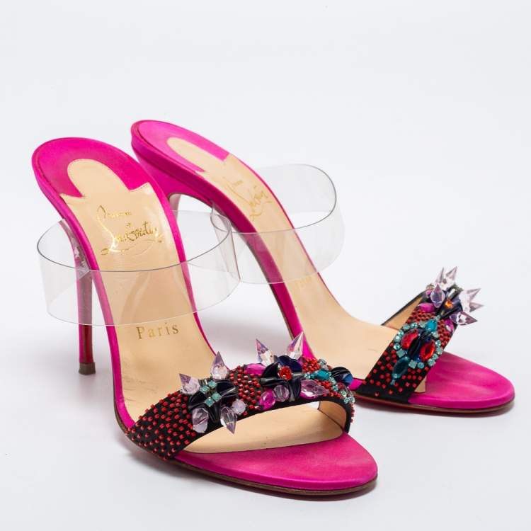Pre Owned Christian Louboutin Multicolor Satin and PVC Speleola Slide Sandals Size 37.5
