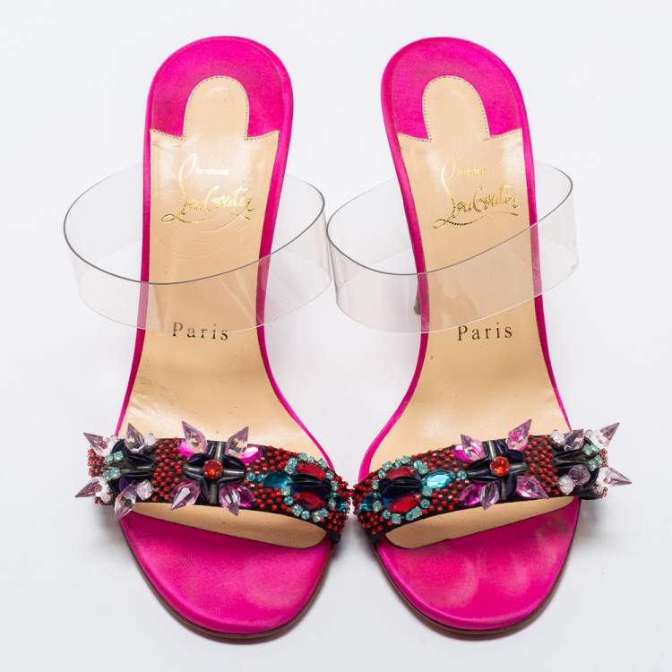 Pre Owned Christian Louboutin Multicolor Satin and PVC Speleola Slide Sandals Size 37.5