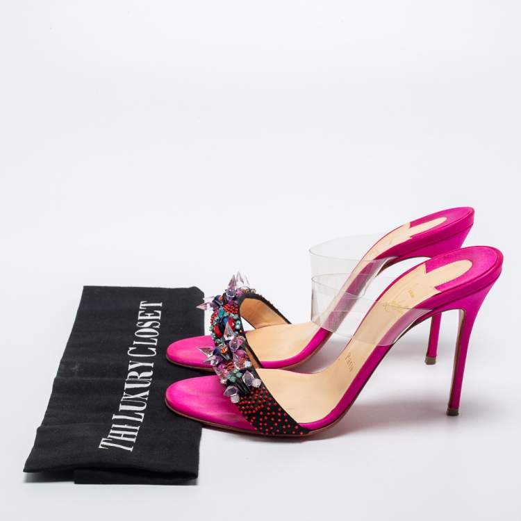 Pre Owned Christian Louboutin Multicolor Satin and PVC Speleola Slide Sandals Size 37.5