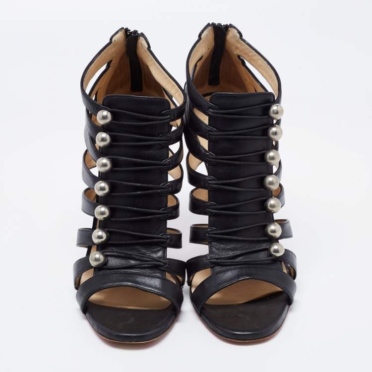 Pre Owned Christian Louboutin Black Leather Denis Caged Sandals Size 39.5