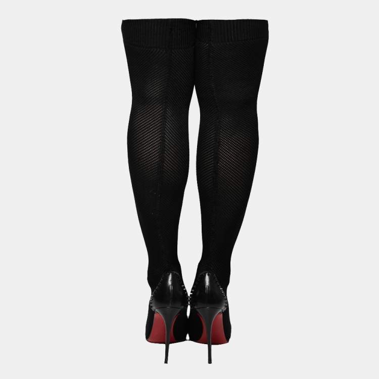Pre Owned Christian Louboutin Black Knit Fabric and Leather Souricette Spiked Knee High Booties Size 38