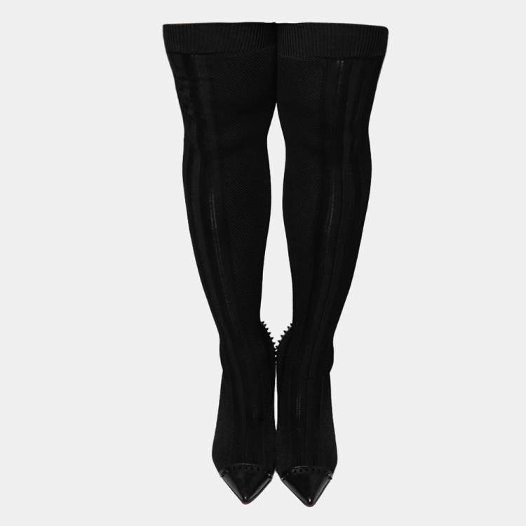 Pre Owned Christian Louboutin Black Knit Fabric and Leather Souricette Spiked Knee High Booties Size 38