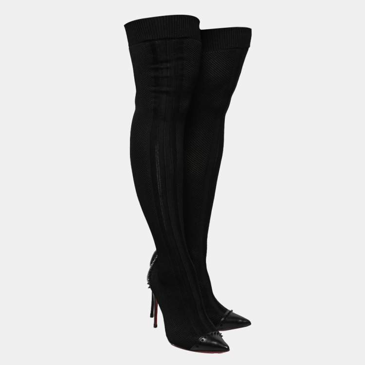 Pre Owned Christian Louboutin Black Knit Fabric and Leather Souricette Spiked Knee High Booties Size 38