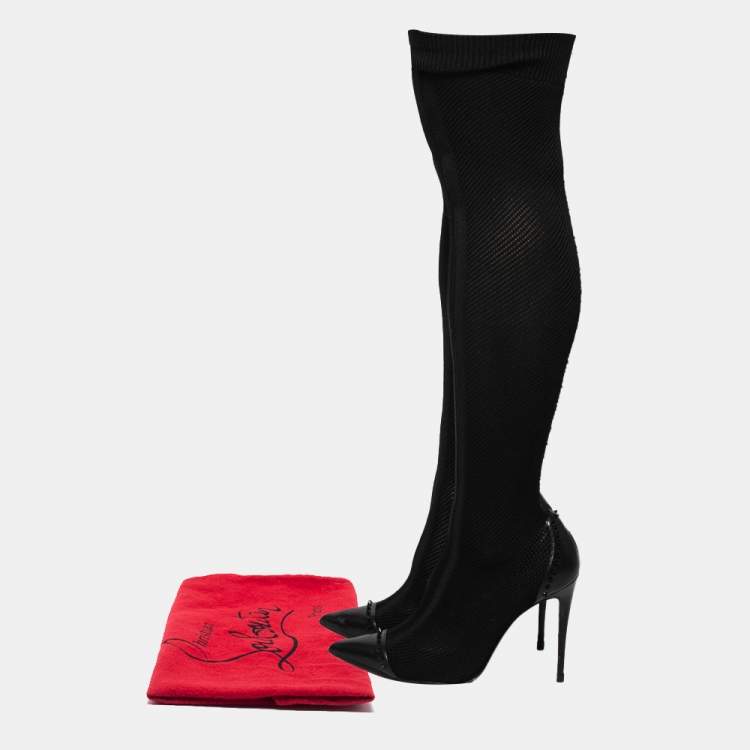 Pre Owned Christian Louboutin Black Knit Fabric and Leather Souricette Spiked Knee High Booties Size 38